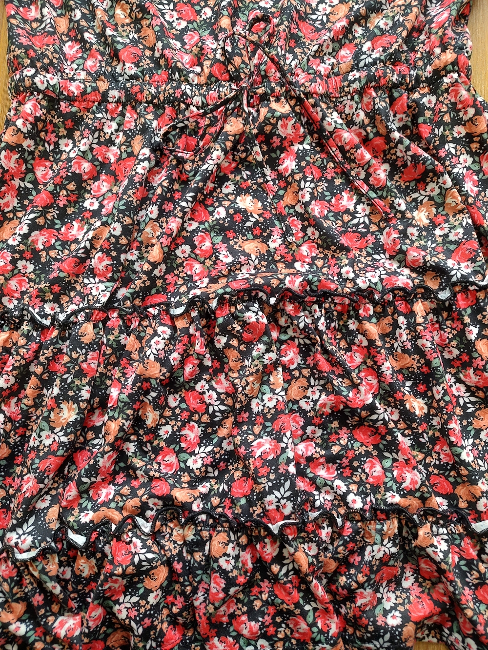 Floral Tiered Spaghetti Strap Sundress - Black with Pink Roses - Picture 3 of 3
